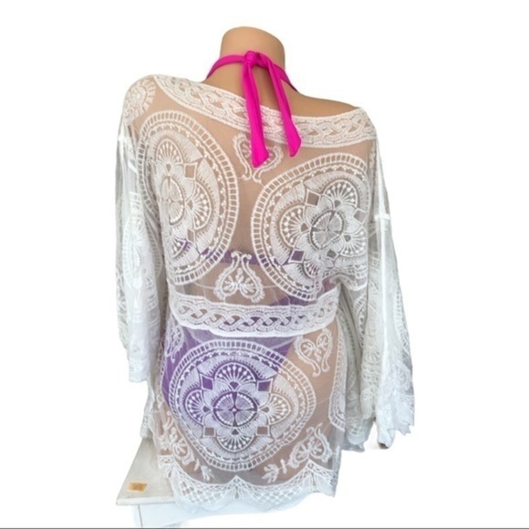 Boho lace kimono white swim cover up - Picture 3 of 4